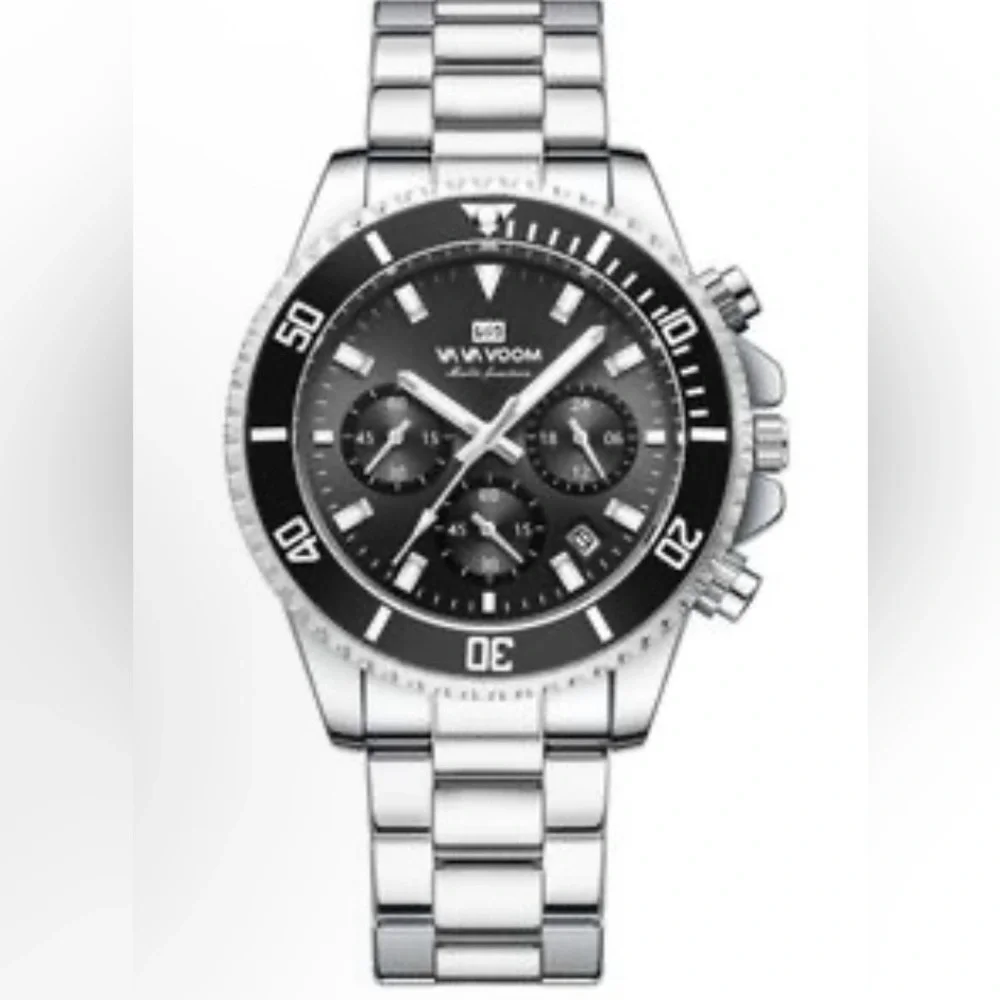 NWT NIB VAVAVOOM Silver Stainless Steel Quartz Chronograph Watch